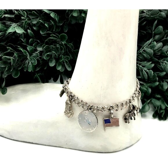 Vintage Silver Charm Bracelet With Cowboy Boot Horse & Flag Charms - Picture 1 of 5